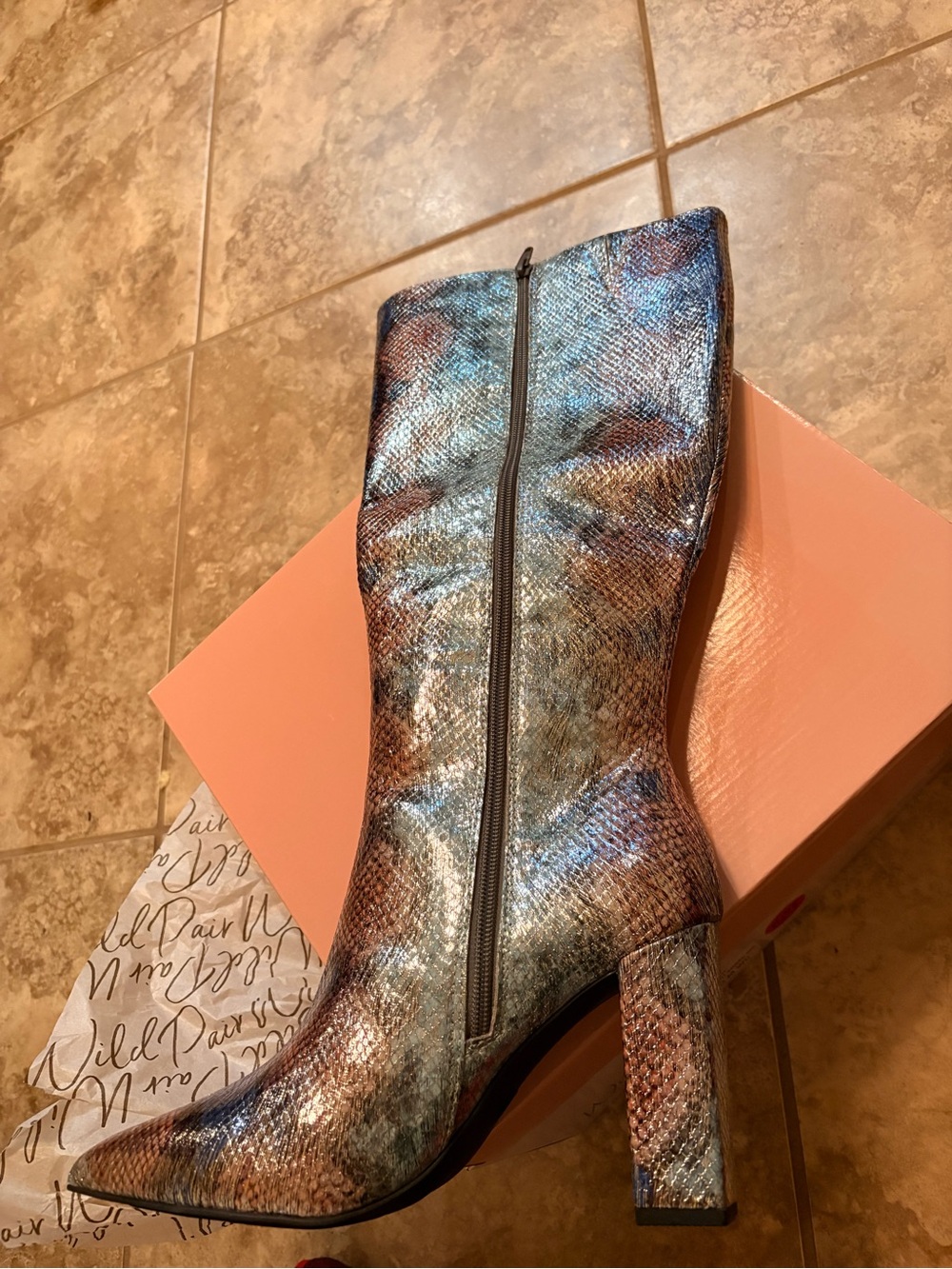 Wild Pair Metallic Multicolor Snake-Print Block Heel Boots